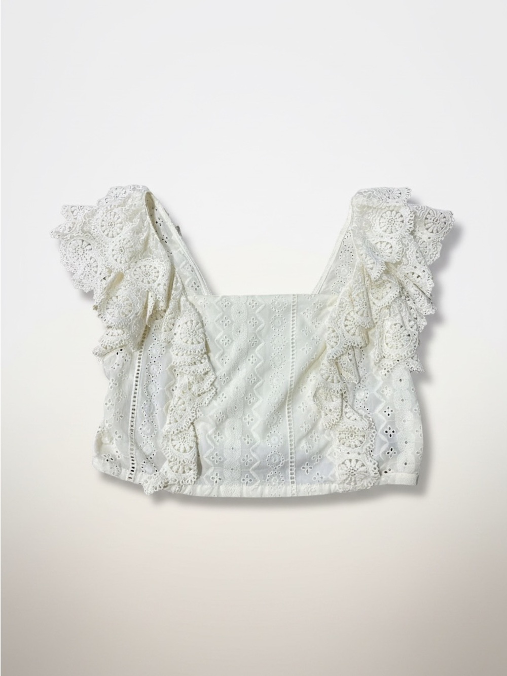 NWT Altar'd State Ivory Moselle Ruffle Lace Eyelet Smocked Crop Top